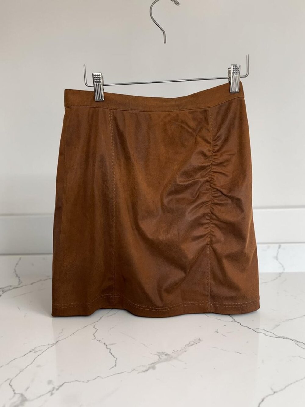 Free People Brown Faux Suede Ruched Mini Skirt Small Boho Western Fall - Picture 7 of 8